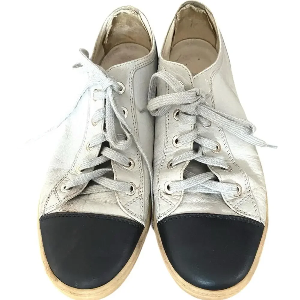 Chanel Calfskin Lace Up Cap Toe Sneakers size 38 US 8 Gray Grey Black - Picture 12 of 12